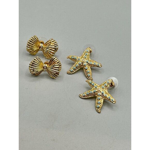 Signed Lilly Pulitzer Earrings Gold Bow & Starfish Studs Designer Signed Jewelry - Picture 2 of 9